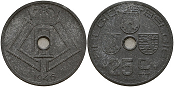Бельгия 25 сантимов 1946 Belgique - Belgie, Леопольд III (1934-1947), германская оккупация, Вторая мировая война KM 131 цинк 4157-514