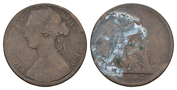 Великобритания 1 пенни 1862 Виктория (1837-1901) KM 749.2, Spink 3954 бронза 45-843