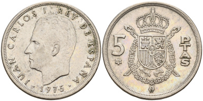 Испания 5 песет 1975 (78) Хуан Карлос I (1975-2014) KM 807 медно-никель    4143-237