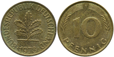 ФРГ 10 ПФЕННИГОВ 1978 F KM 108, J.383 сталь плакированная латунью 98-522