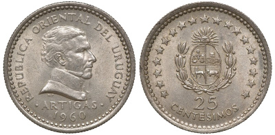 Уругвай 25 сентесимо 1960 KM 40 медно-никель 4169-1017