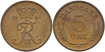 ДАНИЯ 5 ЭРЕ 1969 C; S, ФРЕДЕРИК IX (1947-1972) KM 848.1 бронза 4566-517