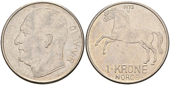 Норвегия 1 крона 1973 лошадь, Улаф V (1958-1991) KM 409 медно-никель 4561-327