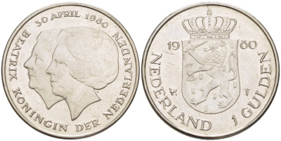 Нидерланды 1 гульден 1980 на коронацию Беатрикс, 30 апреля 1980 KM 200 никель 31-833