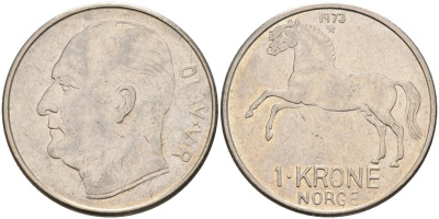 Норвегия 1 крона 1973 лошадь, Улаф V (1958-1991) KM 409 медно-никель 4561-327