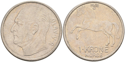 Норвегия 1 крона 1968 лошадь, Улаф V (1958-1991) KM 409 медно-никель 4571-1034