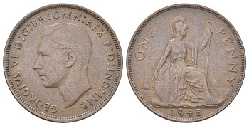 Великобритания 1 пенни 1945 Георг VI (1936-1952) KM 845, Spink 4114 бронза 4185-511