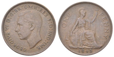 Великобритания 1 пенни 1945 Георг VI (1936-1952) KM 845, Spink 4114 бронза 4185-511