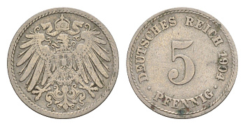 Германия 5 пфеннигов 1904 A, Вильгельм II (1888-1918) KM 11, J. 12 медно-никель 4640-116