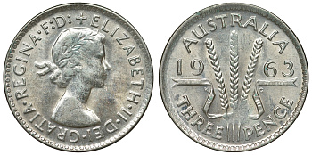 Австралия 3 пенса 1963 m, Елизавета II (1952-2022) KM 57 серебро 71-915