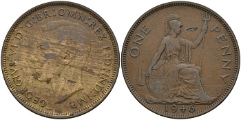 Великобритания 1 пенни 1946 Георг VI (1936-1952) KM 845, Spink 4114 бронза 4144-921