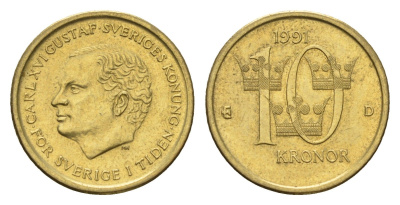 Швеция 10 крон 1991 Карл XVI Густав (1973- ) KM 877 нордик 183-352