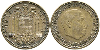 ИСПАНИЯ 1 ПЕСЕТА 1963 (66) ФРАНСИСКО ФРАНКО ДИКТАТОР ИСПАНИИ (1939-1975) KM 775 алюминиевая бронза 110-1152