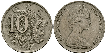 Австралия 10 центов 1975 Елизавета II (1952-), птица лирахвост KM 65 медно-никель 4167-111