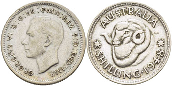 Австралия 1 шиллинг 1948 m, Георг VI (1937-1952), овца меринос KM 39а серебро 4514-1032