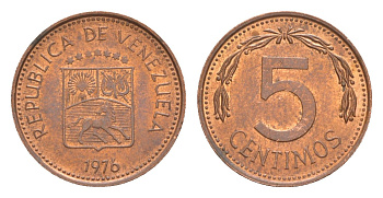 Венесуэла 5 сентимо 1976 Y 49 сталь плакированная медью aUNC 4649-848