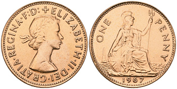 Великобритания 1 пенни 1967 Елизавета II (1952-2022) KM 897, Spink 4157 бронза 4536-222