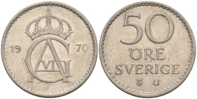 Швеция 50 эре 1970 U, Густав VI Адольф (1950-1973) KM 837 медно-никель 4538-344