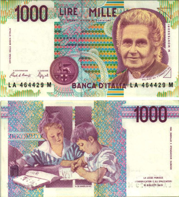 Италия 1000 лир 1990 Мария Монтессори Pick 114а бумага UNC (пресс) 7484-53-1-2