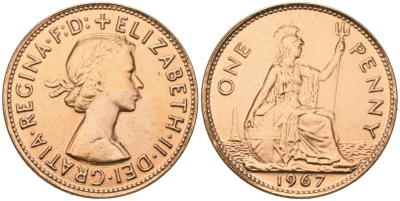 Великобритания 1 пенни 1967 Елизавета II (1952-2022) KM 897, Spink 4157 бронза 4536-222