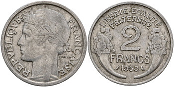 Франция 2 франка 1959 KM 886a алюминий 4187-1022