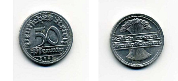 ГЕРМАНИЯ 50 ПФЕННИГОВ 1921 D KM 27, J. 301 алюминий 29-326