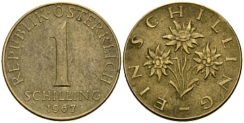 Австрия 1 шиллинг 1967 KM 2886 алюминиевая бронза 4135-154