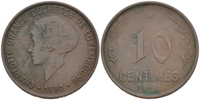 Люксембург 10 сантимов 1930 Шарлотта (1918-1964) KM 41 бронза 4571-436