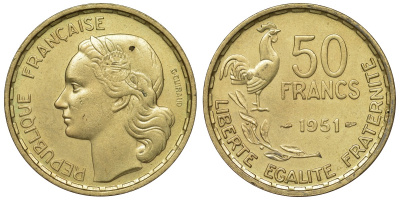 Франция 50 франков 1951 петух KM 918.1, Le Franc 425.5 алюминиевая бронза 4123-735