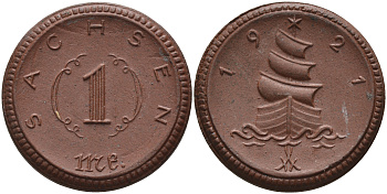 Саксония 1 марка 1921 парусник J. N 55 фарфор 1094-3-34