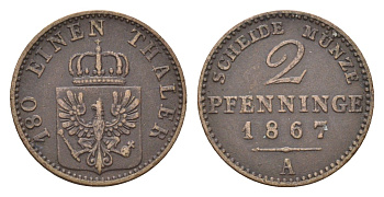 Пруссия 2 пфеннига 1867 A, Вильгельм I (1861-1888) KM 481 медь 4655-941