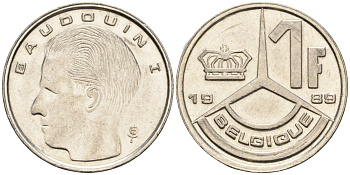 Бельгия 1 франк 1989 Belgique, Бодуэн I (1951-1993) KM 170 нержавеющая сталь 4608-435