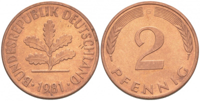 ФРГ 2 ПФЕННИГА 1981 G KM 106a, J.381a сталь плакированная сталь плакированная медьюю 3996-1119