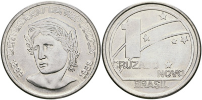 Бразилия 1 крузадо 1989 100 лет Республики KM 615 нержавеющая сталь 32-336