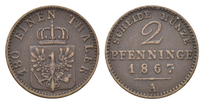 Пруссия 2 пфеннига 1867 A, Вильгельм I (1861-1888) KM 481 медь 4655-941
