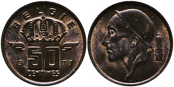 Бельгия 50 сантимов 1977 Belgie, Бодуэн I (1951-1993) KM 149.1 бронза 99-349