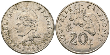 Французская Новая Каледония 20 франков 2013 три быка, (IEOM) KM 12a, Schoen 14a, Lec 115j медно-никель 84-1136