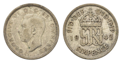 Великобритания 6 пенсов 1942 Георг VI (1936-1952) KM 852, Spink 4084 серебро 4644-1244