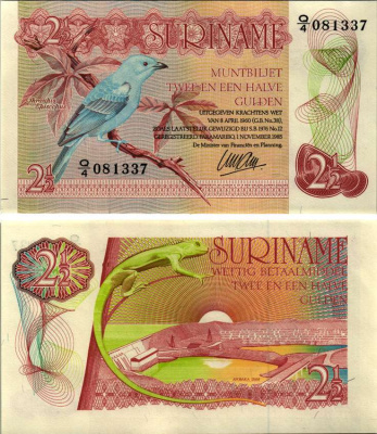 Суринам 2 1/2 гульдена 1985 голубая танагра, дамба Pick 119 a бумага UNC (пресс) 6287-30-2-2