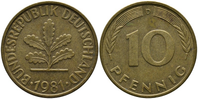 ФРГ 10 ПФЕННИГОВ 1981 D KM 108, J.383 сталь плакированная латунью 33-146