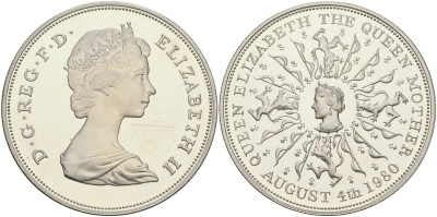 Великобритания 25 пенсов 1980 80 лет королеве Елизавете королеве-матери, Елизавета II (1952-2022)  KM 921а серебро PROOF 1080-8-31