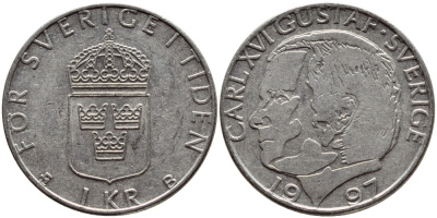 Швеция 1 крона 1997 Карл XVI Густав (1973- ) KM 852a медно-никель 4382-1246