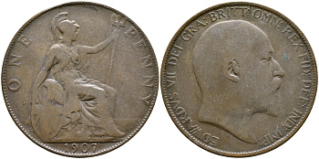 Великобритания 1 пенни 1907 Эдуард VII (1901-1910) KM 794.2, Spink 3990 бронза 4110-215
