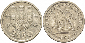 ПОРТУГАЛИЯ 2,5 ЭСКУДО 1982 ПАРУСНИК KM 590 медно-никель 3718-326