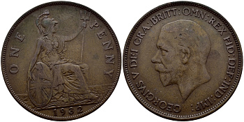 Великобритания 1 пенни 1932 Георг V (1910-1936) КМ 838, Spink 4055 бронза 540-423