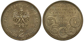 Польша 2 злотых 2009 MW, 180 лет центральному банку Польши KM 675 латунь 111-345