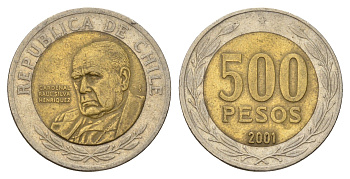 Чили 500 песо 2001 кардинал Рауль Сильва Энрикес (1907-1999) KM 235 биметалл 4116-325