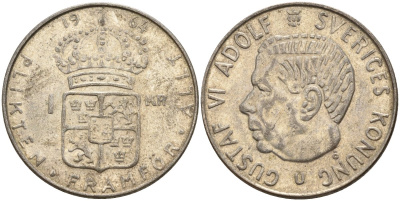 Швеция 1 крона 1964 U, Густав VI Адольф (1950-1973) KM 826 серебро 4150-144