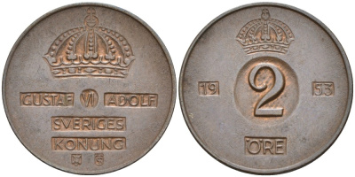 Швеция 2 эре 1953 TS, Густав VI Адольф (1950-1973) KM 821 бронза 68-1255
