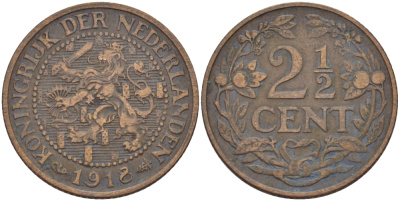 НИДЕРЛАНДЫ 2 1/2 ЦЕНТА 1918 ВИЛЬГЕЛЬМИНА KM 150 бронза 31-952